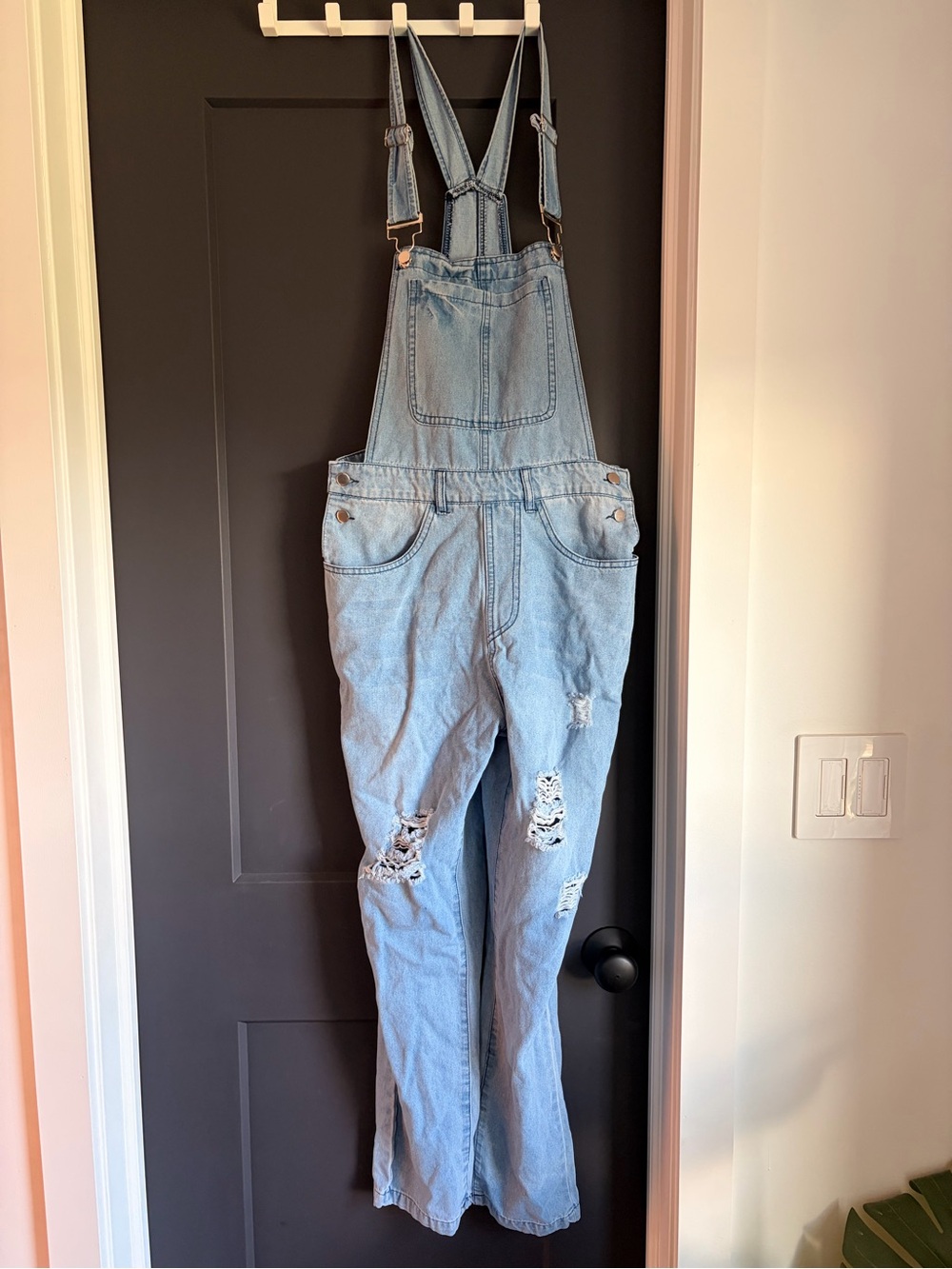 Light Blue Distressed Denim Overalls for Women Small